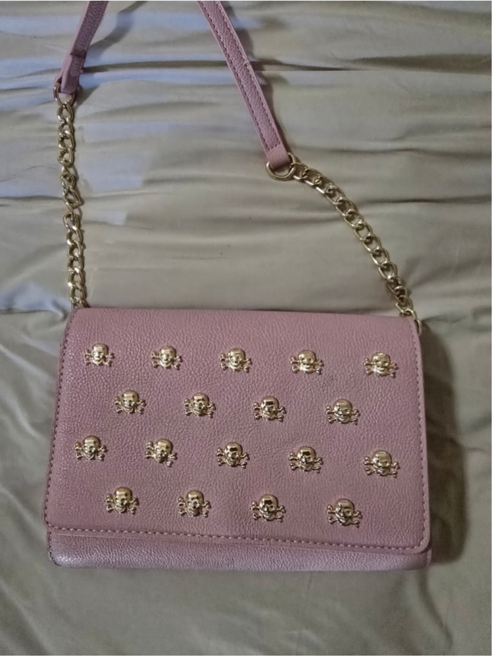 Betsey Johnson Skull Crossbody Pink w/ Gold Skulls